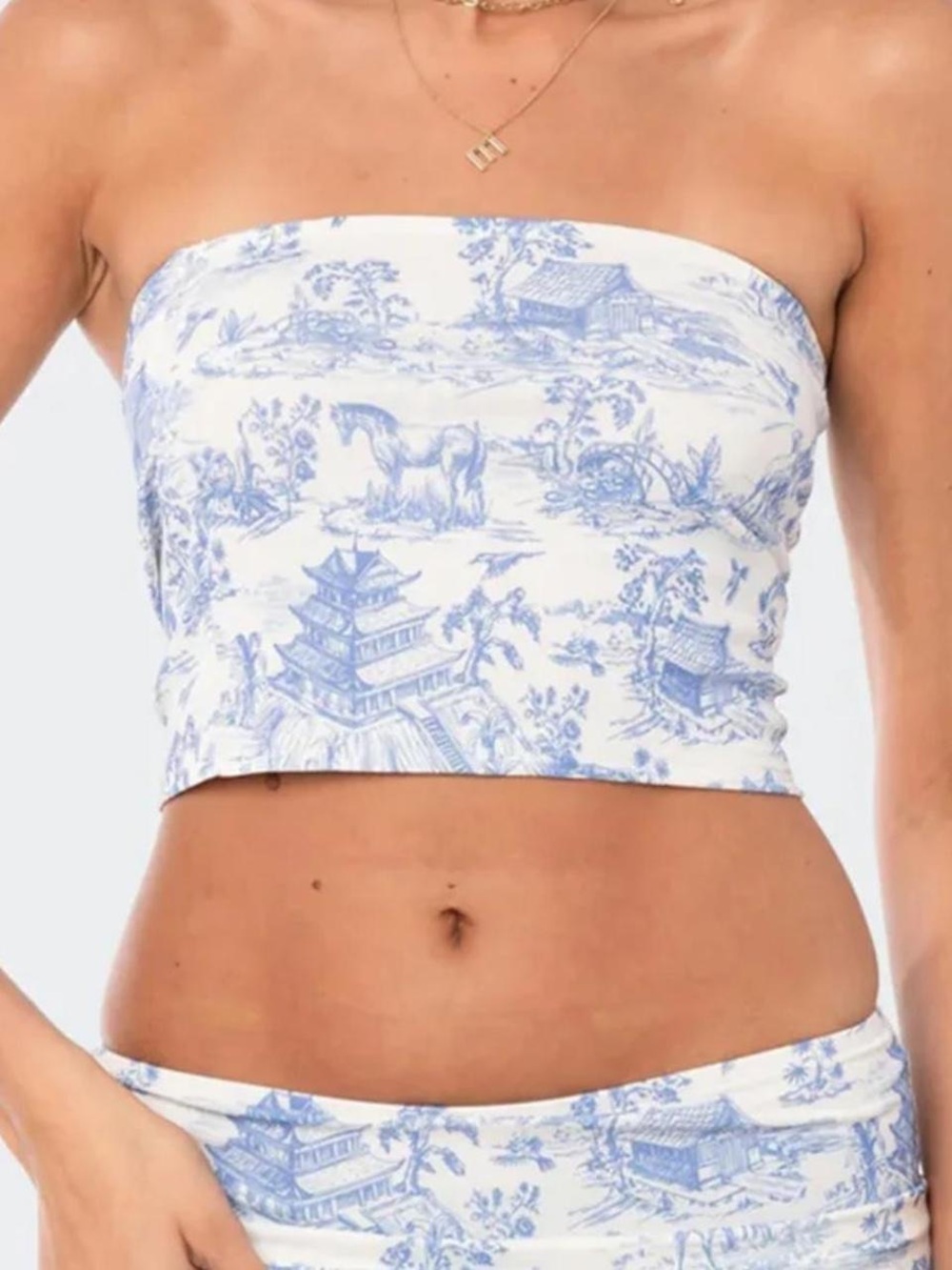 Edikted | Blue & White Toile Strapless Bandeau Top